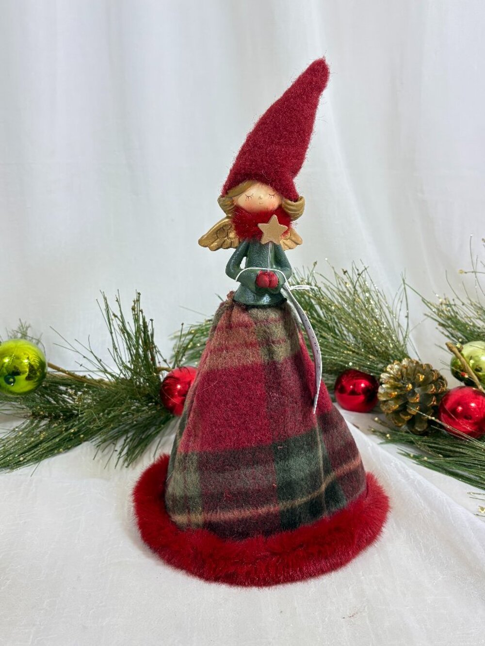 Christmas Holiday Bella Lux Red Faux Fur Plaid Dress Angel Figure Doll New 14"